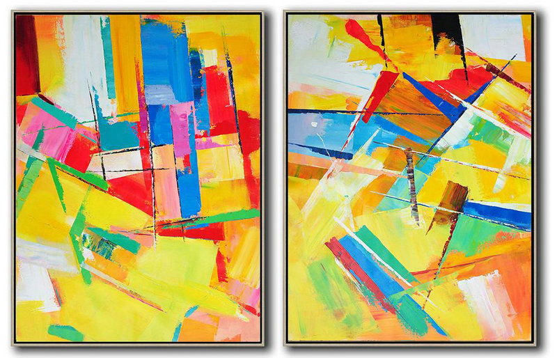 Handmade Painting Large Abstract Art,Set Of 2 Contemporary Art On Canvas,Abstract Oil Painting,Red,Yellow,Pink,Orange,Light Green.etc